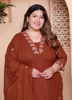 Miravan Womens Plus Size Embroidered Cotton Kurta with palazzo & Dupatta Set | Grocsy