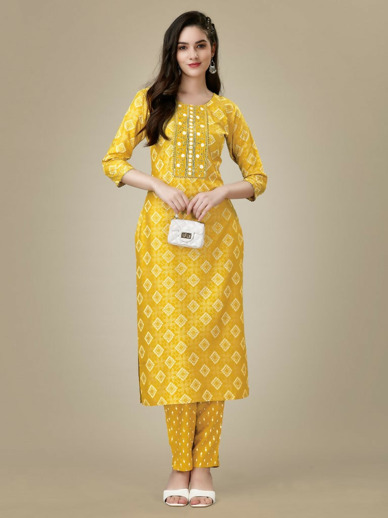 Jyoti Fashion Women's Yellow Rayon Embroidered Kurta Pant Set | Grocsy