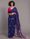 Suta Blue Pink Ethnic Motifs Handloom Cotton Woven Saree | Grocsy