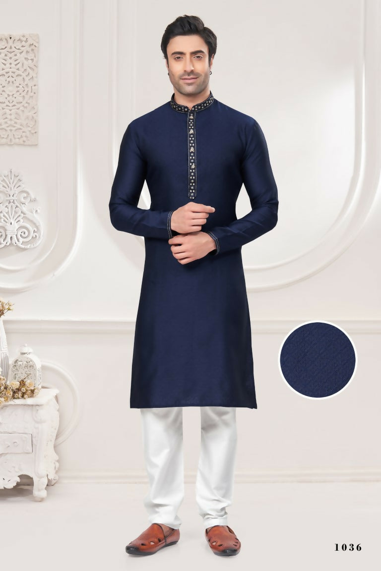 Functional Designer Men's Blue Jacquard Kurta With Pant - Rudra | Grocsy