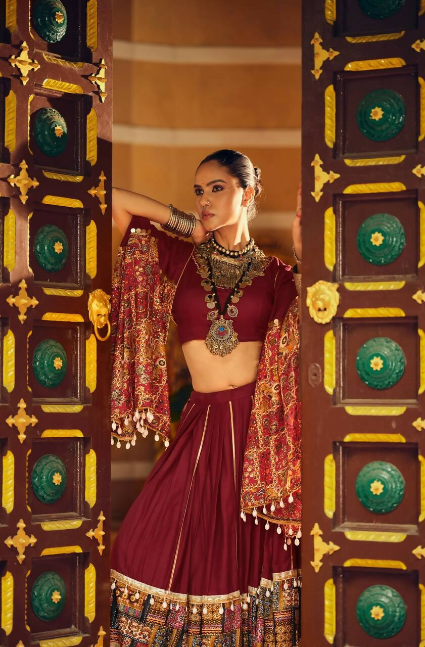 Teeya Creation Maroon Colour Rayon Silk Digital Print Fully Stitched Navratri Lehenga | Grocsy