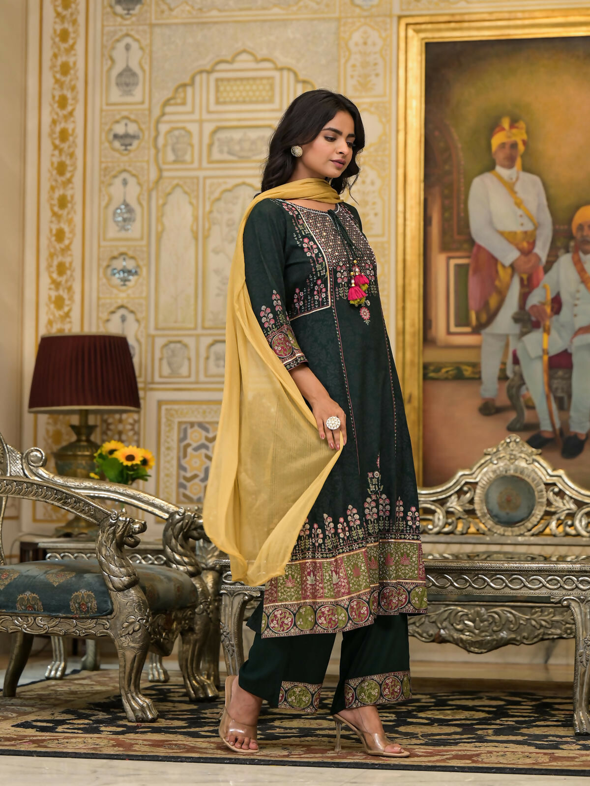 Juniper Women's Green Floral Printed Rayon Kurta Pant With Dupatta Set With Thread Work & Tassels | Grocsy