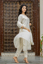 Kaajh Women's Off White Mirror Embellished Cotton Suit Set | Grocsy