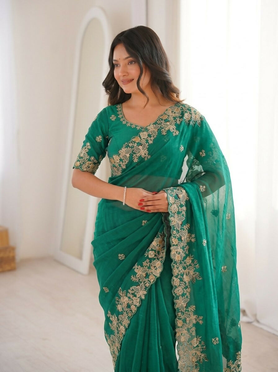 Teeya Creation New Womens Latest Party Wear Soft Chiffon Silk Saree-Teal | Grocsy