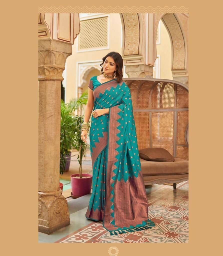 DEIANA'S Beautiful Designer Golden zari Soft Lichi Silk Saree - Sky | Grocsy
