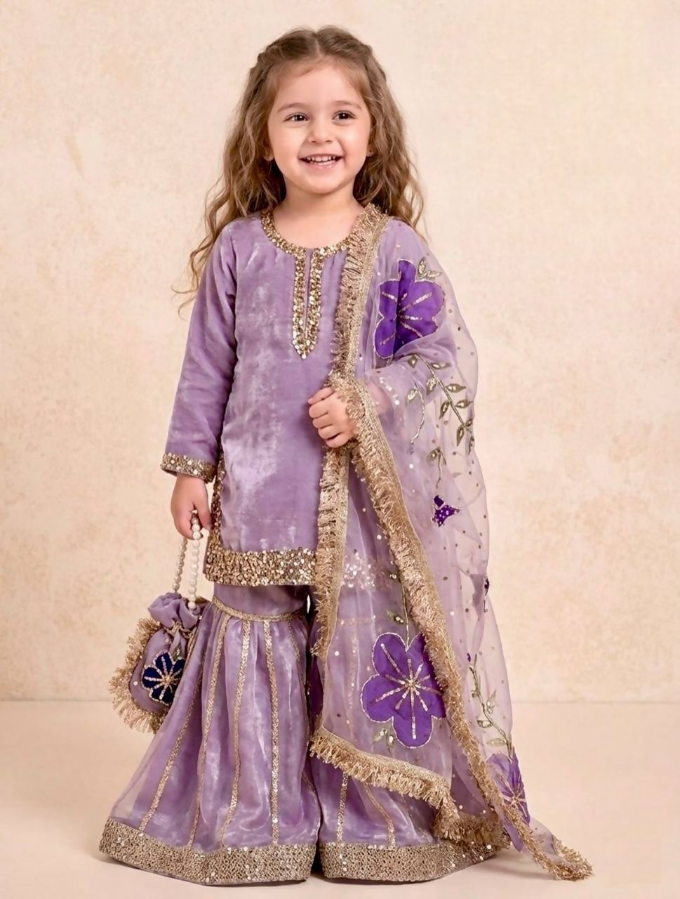 Teeya Creation New Kids Trendy Heavy Embroidery Sequence Work Kurta Set - Purple | Grocsy