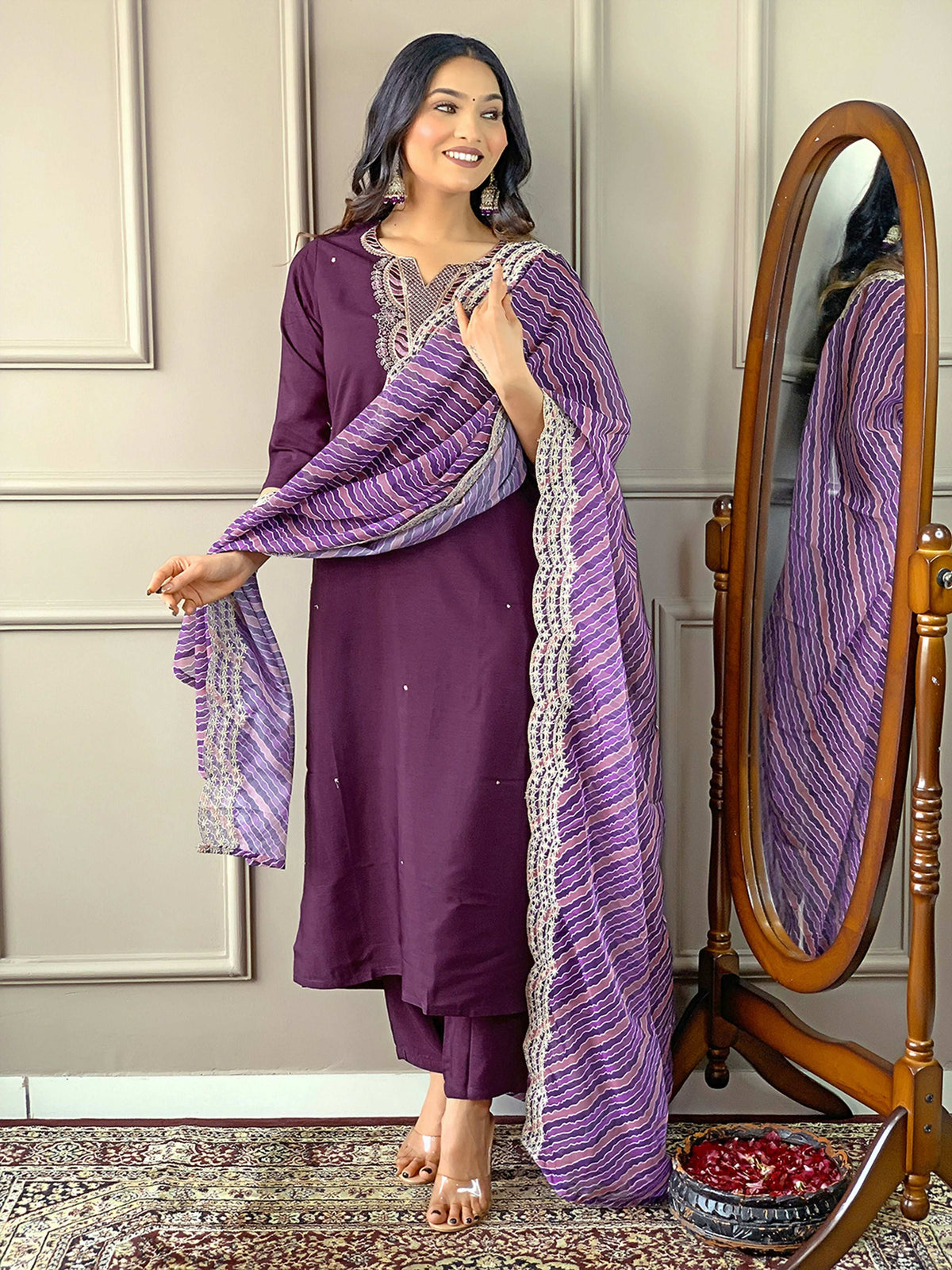 Partywear Designer Viscose Silk Wine Stitched Suit With Dupatta - Tanisha | Grocsy