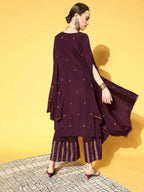 Ahalyaa Women Wine Colour Crepe Gold Glitter Print Kurta Palazzo Set | Grocsy