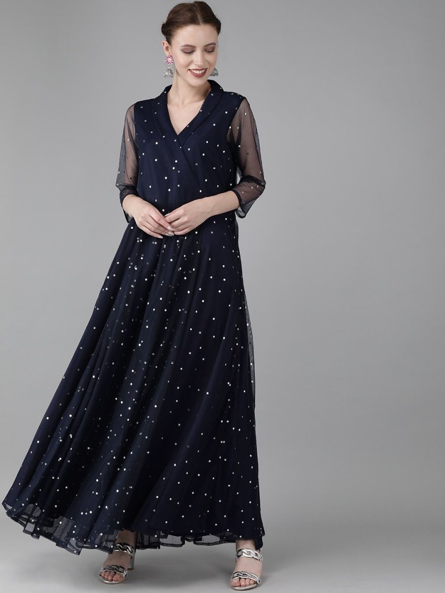 Ahalyaa Navy Blue Net & Crepe Silver Toned Polka Dots Printed Maxi Dress | Grocsy