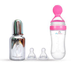 Goodmunchkins Stainless Steel Feeding Bottle & Spoon Food Feeder Anti Colic Silicone Nipple Combo-(Pink,150ml) | Grocsy
