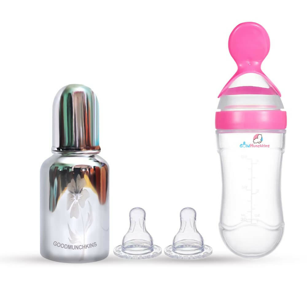 Goodmunchkins Stainless Steel Feeding Bottle & Spoon Food Feeder Anti Colic Silicone Nipple Combo-(Pink,150ml) | Grocsy