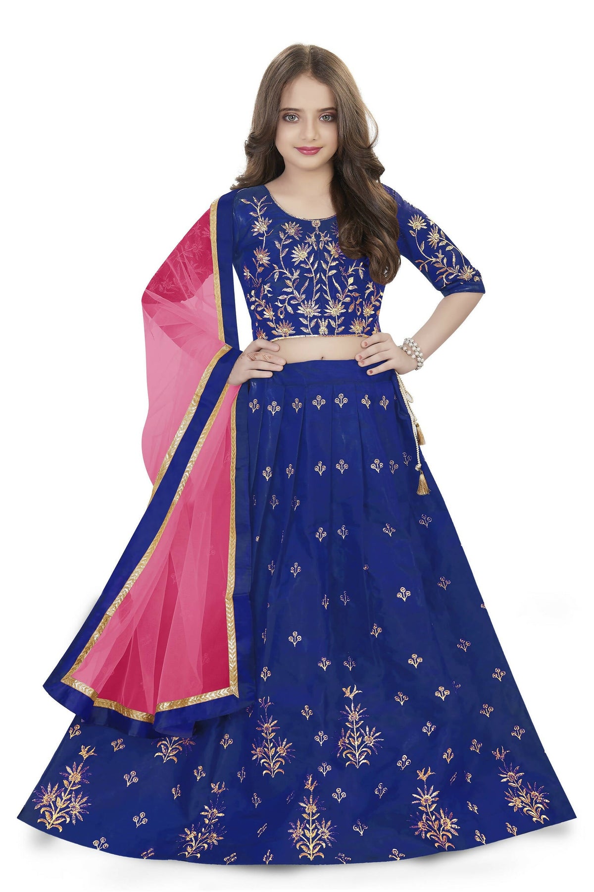 Dwiden Royal Blue Rohini Tafetta Sattin Semi-Stitched Girl's Lehenga Choli | Grocsy