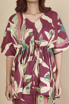 Breathables Women’S Loungewear Kaftan Cotton Wine Abstract Print Co-Ord Set | Grocsy
