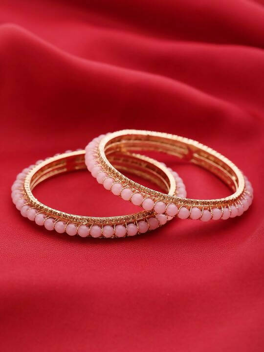 Priyaasi Women Set Of 2 Gold-Polished Stones Studded and Pink Beaded Bangles - Noz2Toz