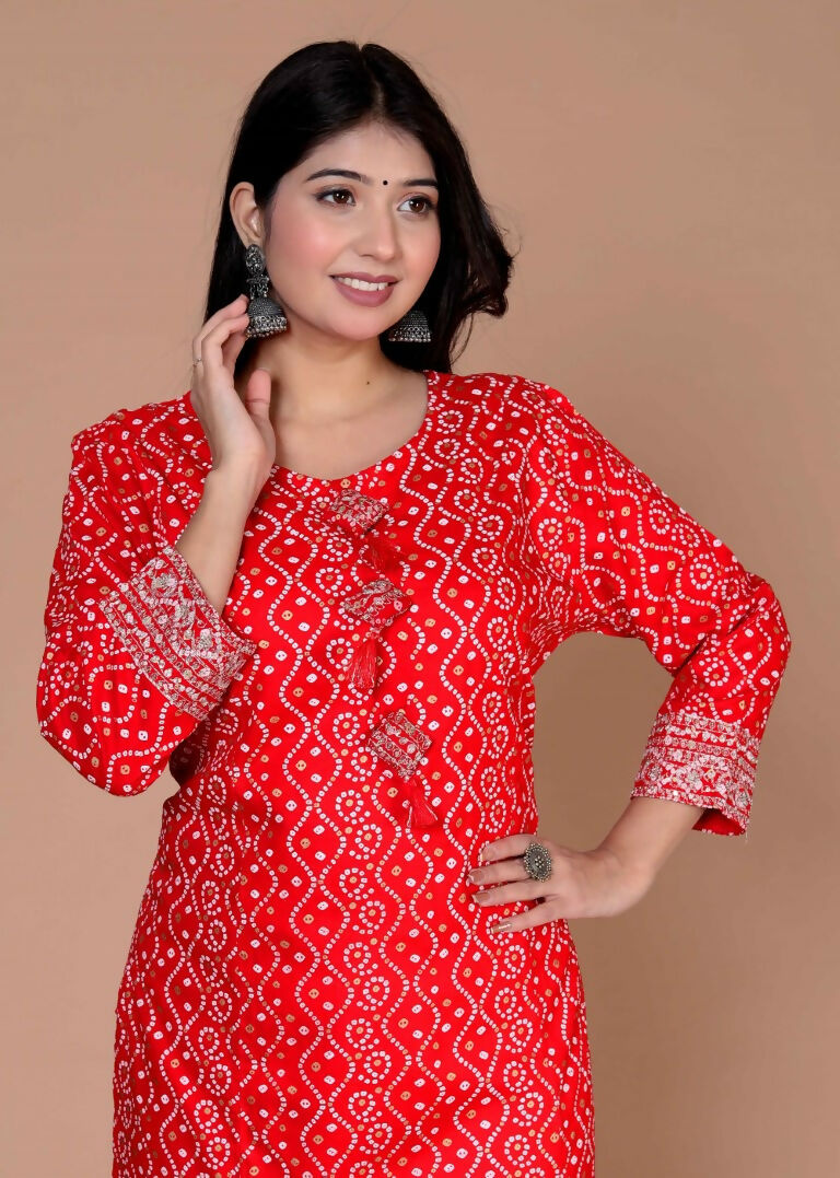 Miravan Women's Festive Wear Red Bandhani Printed Straight Kurta | Grocsy