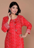 Miravan Women's Festive Wear Red Bandhani Printed Straight Kurta | Grocsy
