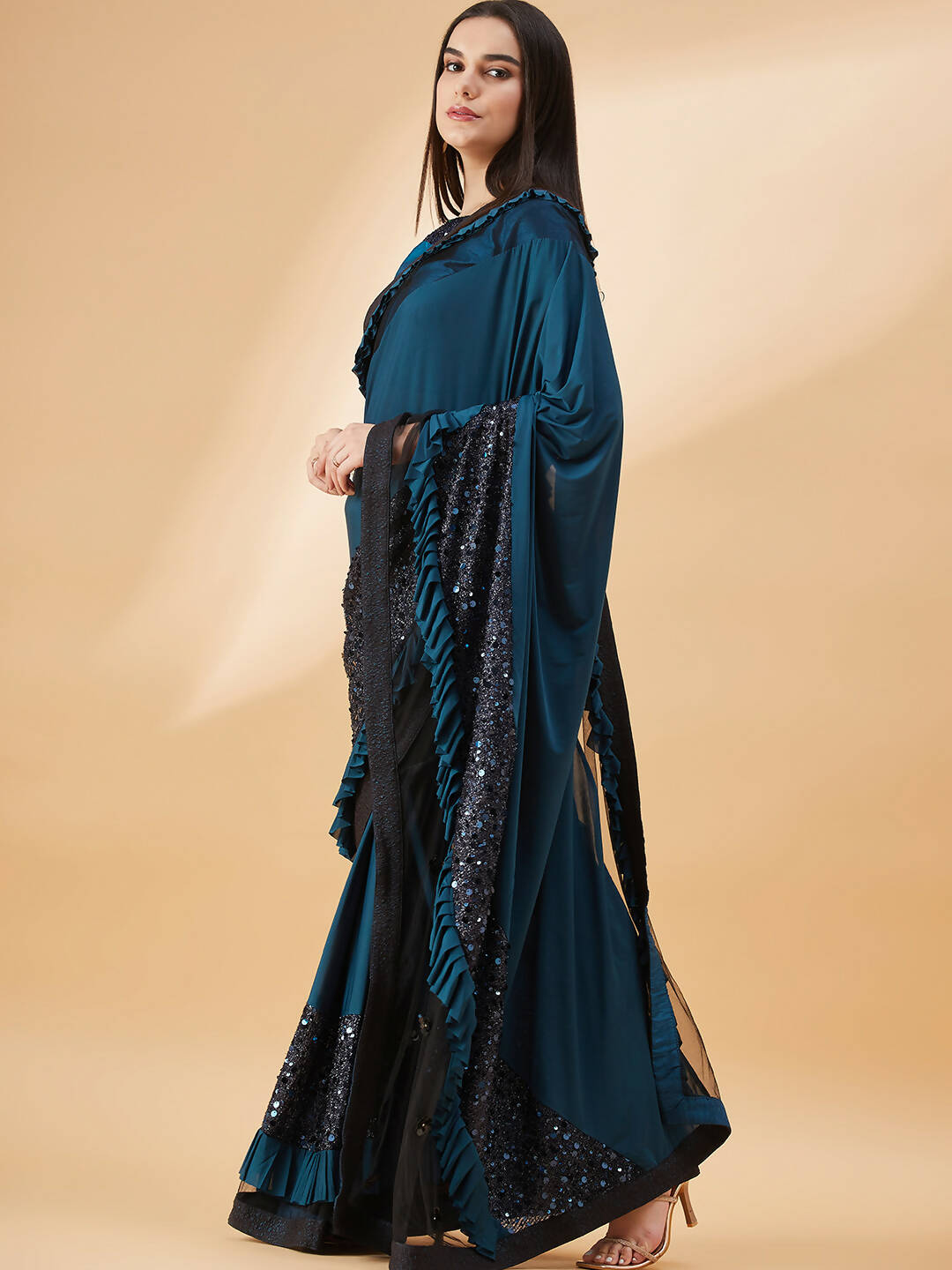 Peacock Blue Lycra Sequins Fabric. Frill Details, Handwork Buttis Saree - Norita Hit Design | Grocsy