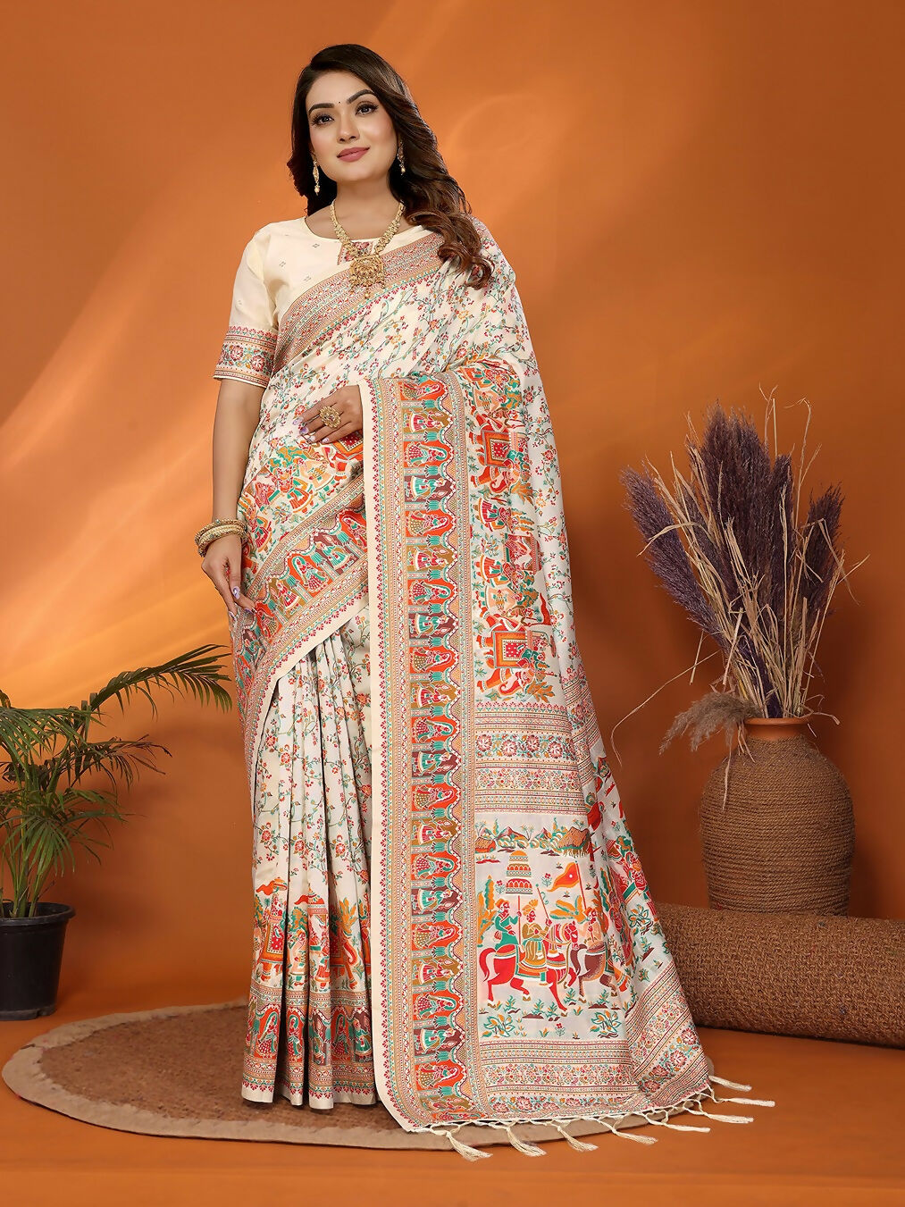 Joban Fashion Off White Meena Weaves Pashmina Sarees | Grocsy