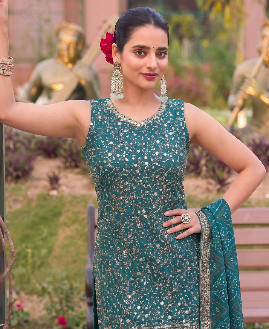 KC Teal Bandhani Printed Heavy Emrboidery Worked Sharara Suit Ethnic Wear | Grocsy