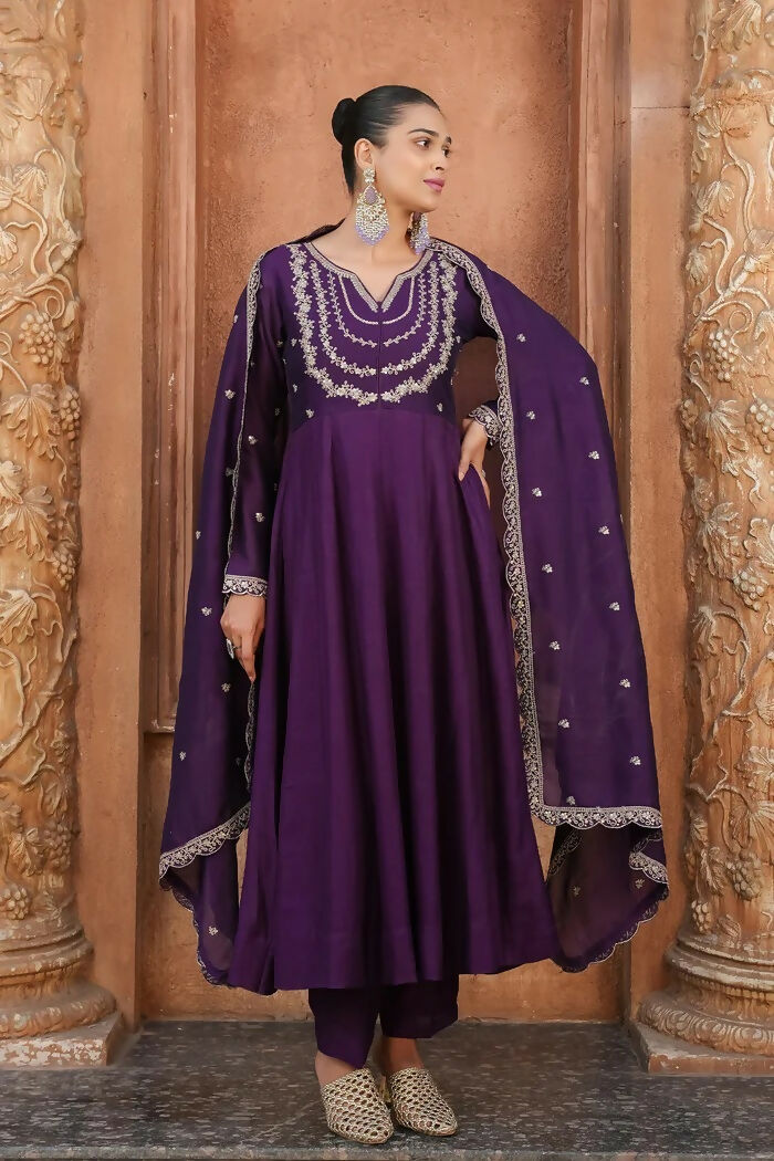 The52 Wine Women's Gorgeous Vichitra Silk Fabric Embroidered Work Flared Anarkali Pant and Dupatta Set | Grocsy