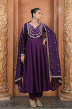 The52 Wine Women's Gorgeous Vichitra Silk Fabric Embroidered Work Flared Anarkali Pant and Dupatta Set | Grocsy
