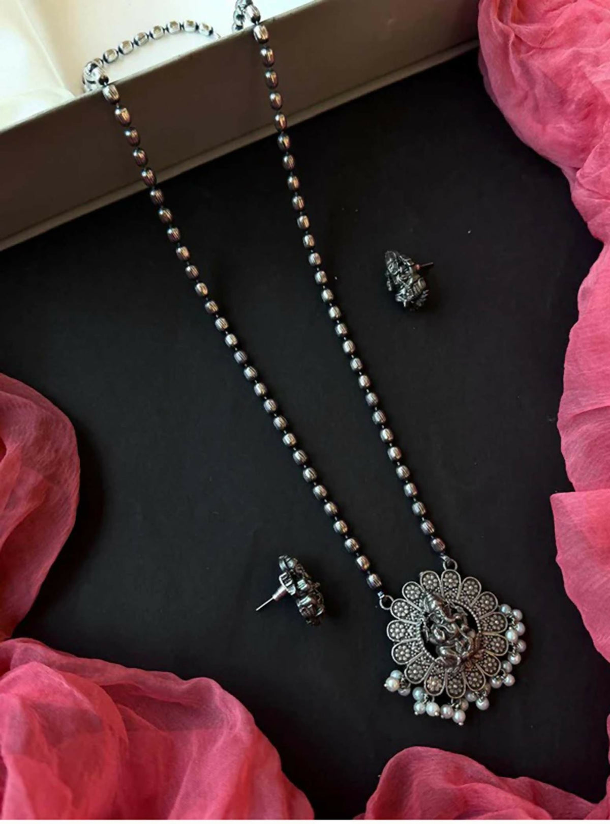 Joban Fashion Women Oxidize Black Polish Oxidized Ganeshji Pendant Chain Necklace And Earring Set | Grocsy