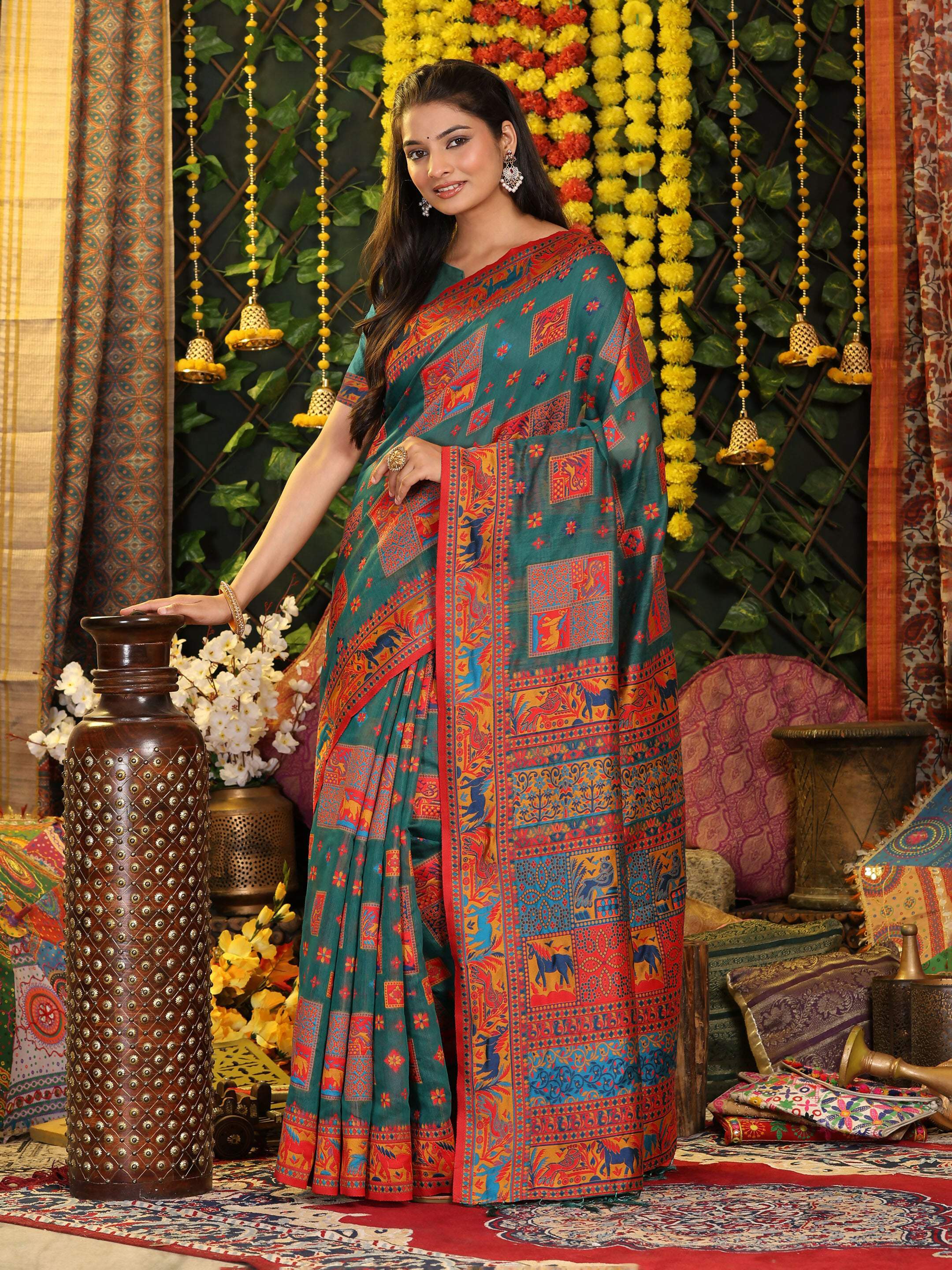 Shree Shyam Fashion Linen Cotton Rama Green Saree | Grocsy