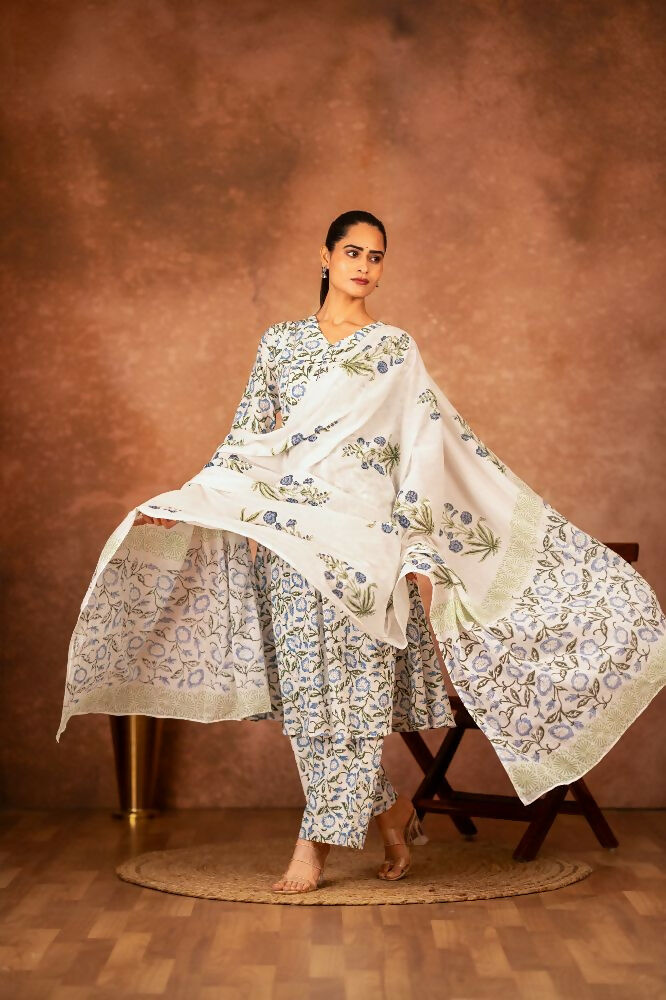 Joban Fashion Blue Hand Block Printed Cotton Suit Set | Grocsy