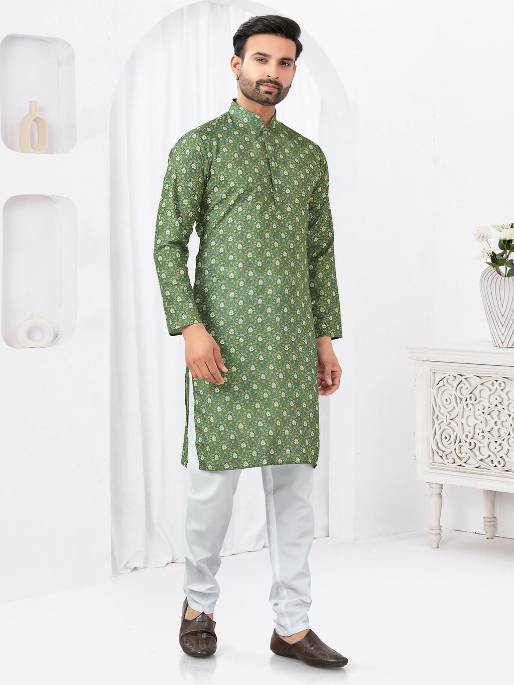 Joban Fashion Men's Rayon Cotton Green Printed Kurta Pyjama set | Grocsy