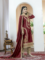 Teeya Creation Maroon Color Chinnon Silk Embroidery Work Fully Stitched Salwar Suit | Grocsy