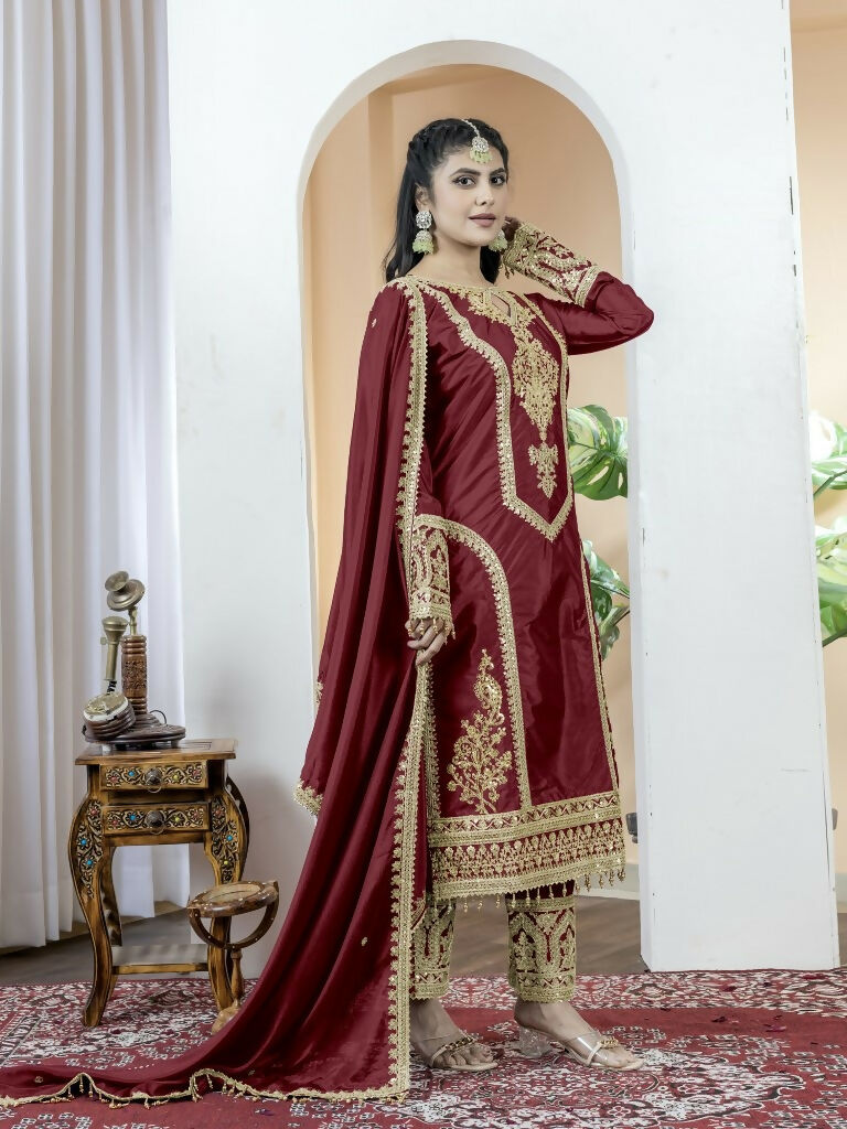 Teeya Creation Maroon Color Chinnon Silk Embroidery Work Fully Stitched Salwar Suit | Grocsy