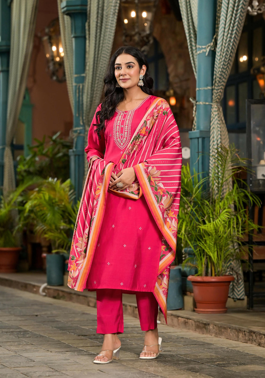 Juniper Women's Fuchsia Floral Printed Viscose Kurta Pant And Dupatta Set With Zari Work | Grocsy