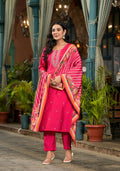 Juniper Women's Fuchsia Floral Printed Viscose Kurta Pant And Dupatta Set With Zari Work | Grocsy