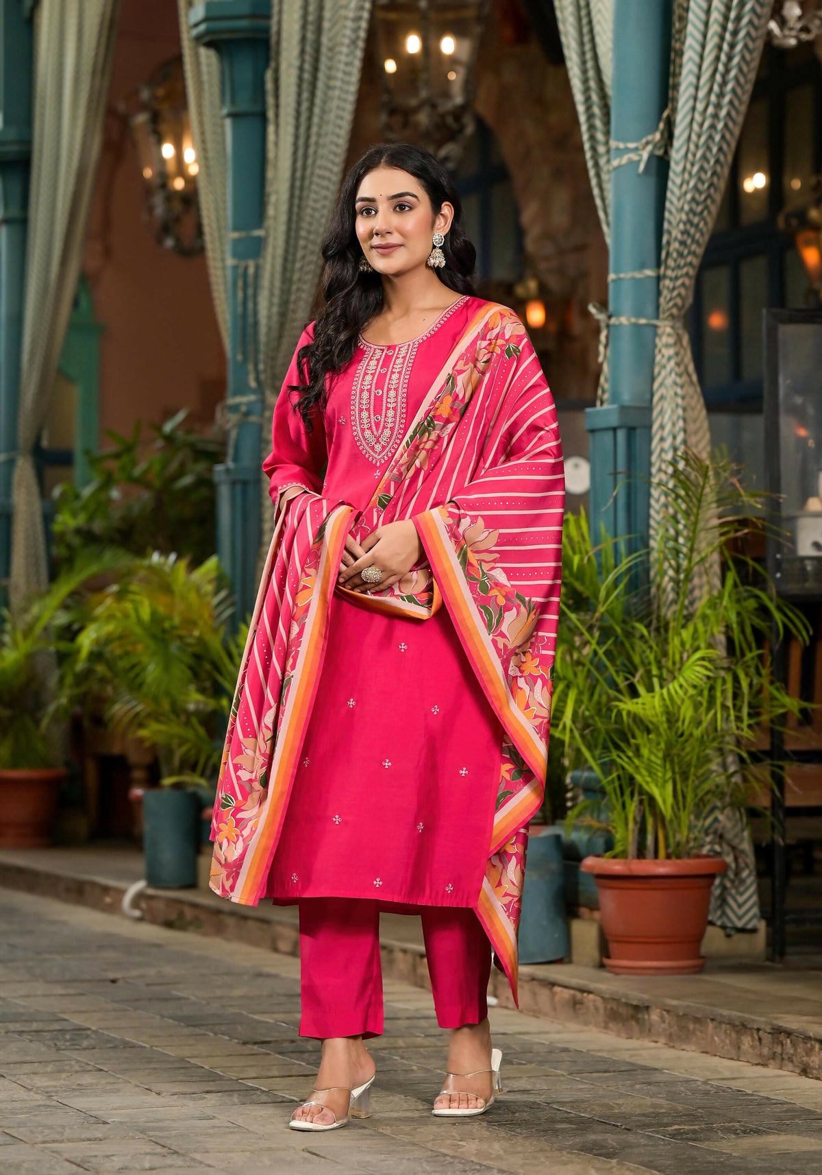 Juniper Women's Fuchsia Floral Printed Viscose Kurta Pant And Dupatta Set With Zari Work | Grocsy