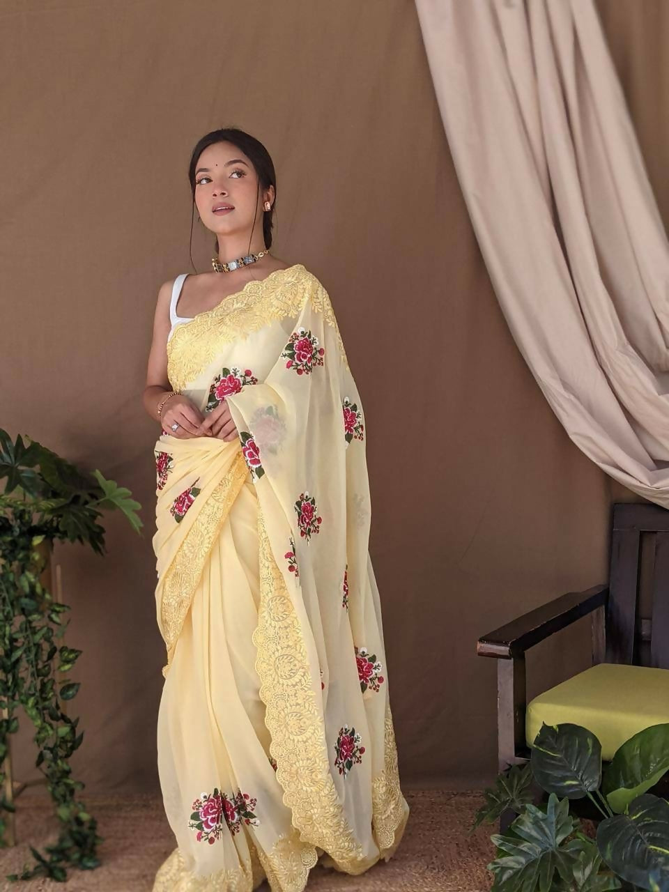 Vamsee Fana Yellow Georgette Silk Saree | Grocsy