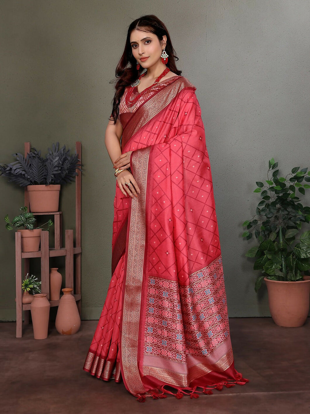 Joban Fashion Carrot Red Woven Design Banarasi Silk Sarees | Grocsy