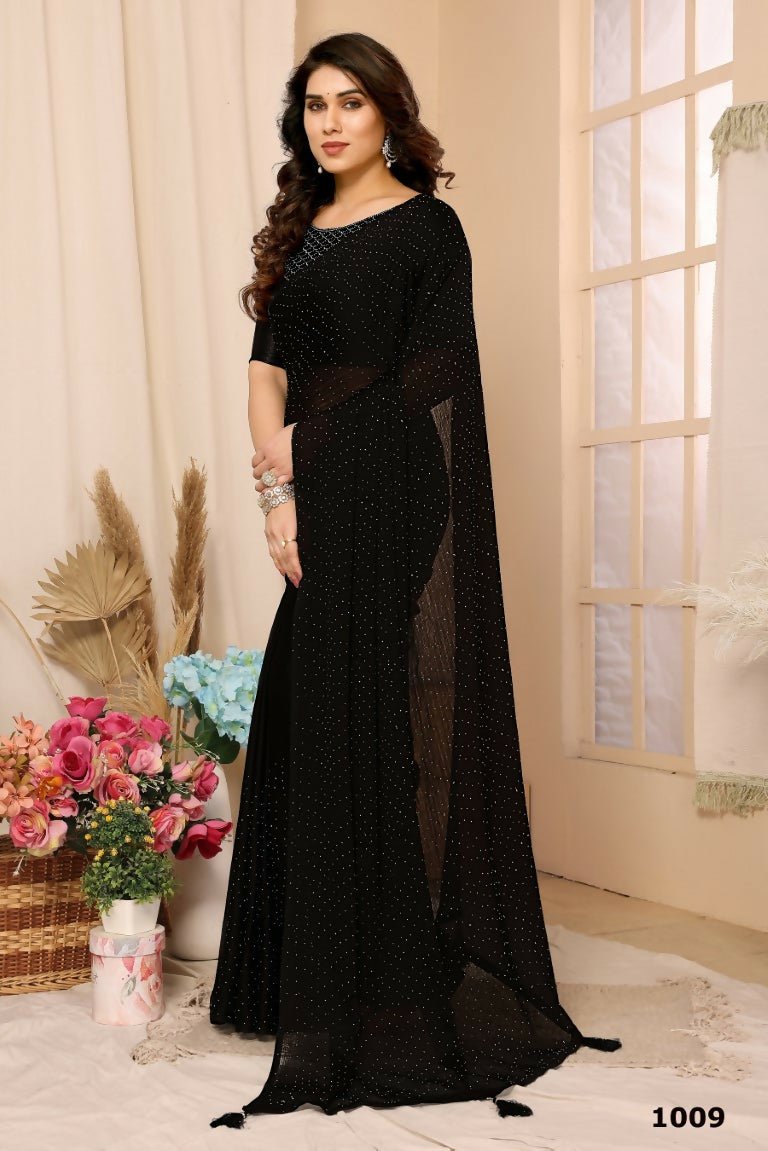 Aafreen Partywear Designer Black Satin Chiffon Fancy Saree | Grocsy