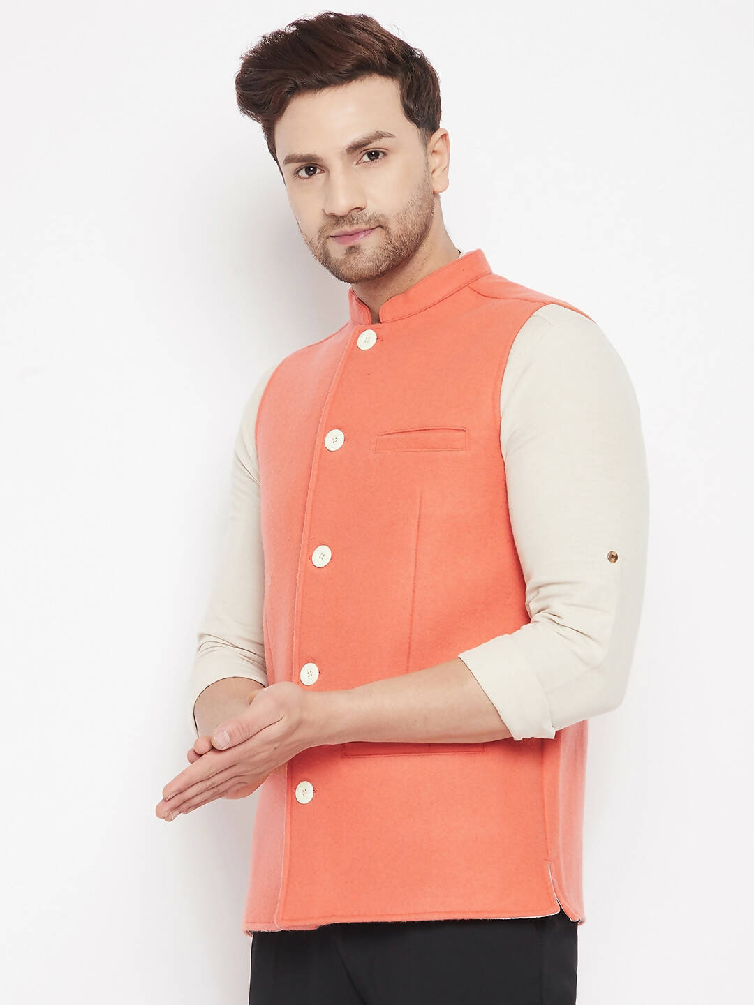 Even Apparels Orange Wool Men Woven Nehru Jacket | Grocsy