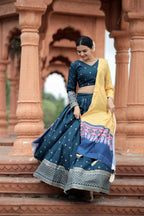 Vastranavya Navaratri Collection Myra Silk Lehenga & Blouse With Maslin Crochet Printed Dupatta Set - Turquoise | Grocsy