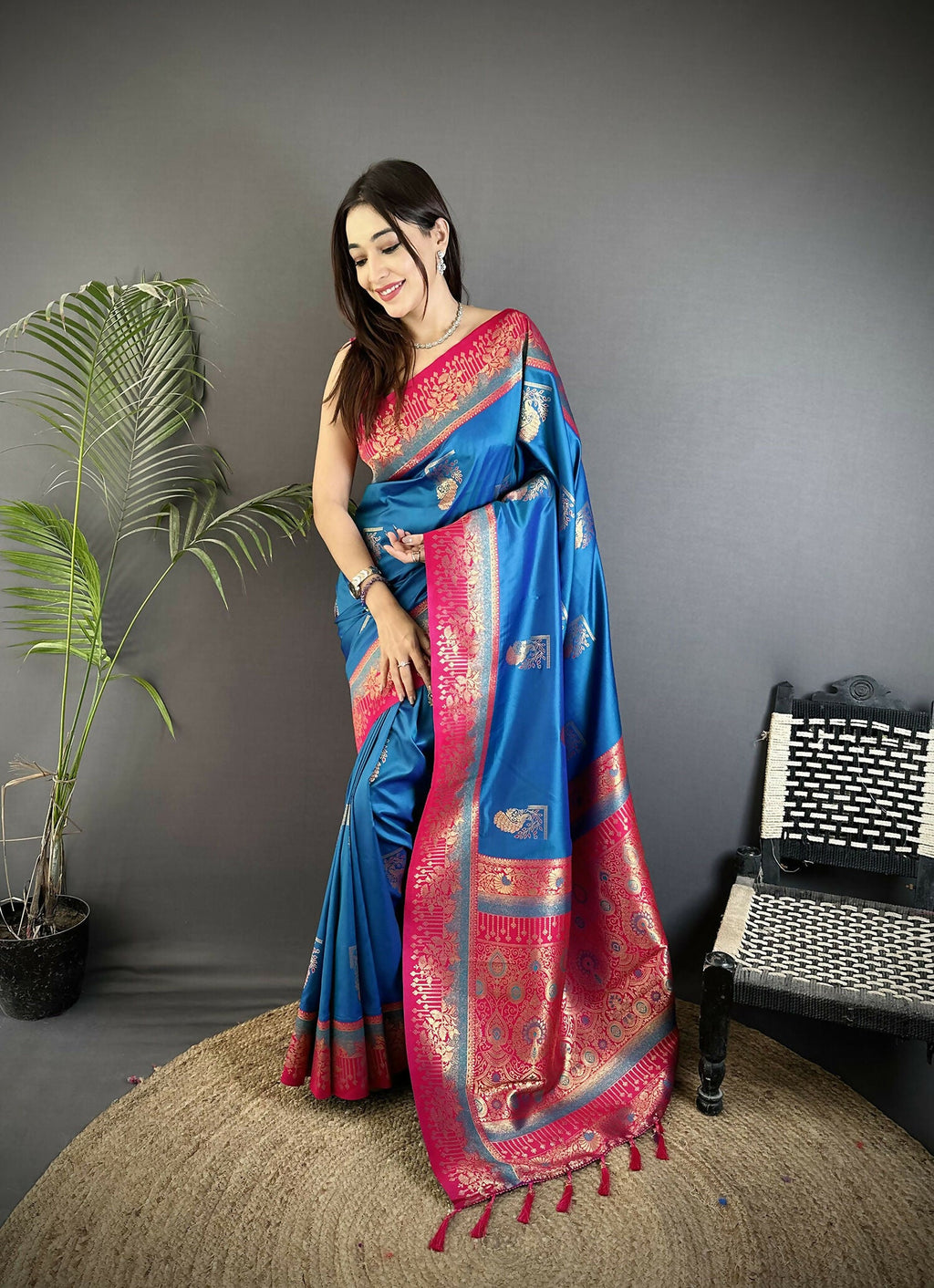 Joban Fashion Royal Blue Banarasi Soft Silk Peacock Butta Work Saree | Grocsy