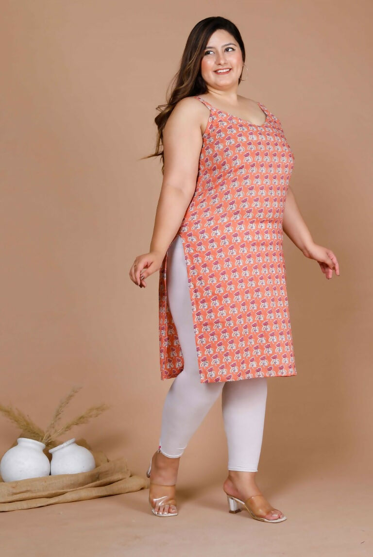 Miravan Women's Plus Size Peach-Coloured Floral Printed Straight Kurta | Grocsy