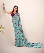 Vastranavya Sea Green Lurex Brasso Floral Printed Saree with Unstitched Blouse | Grocsy