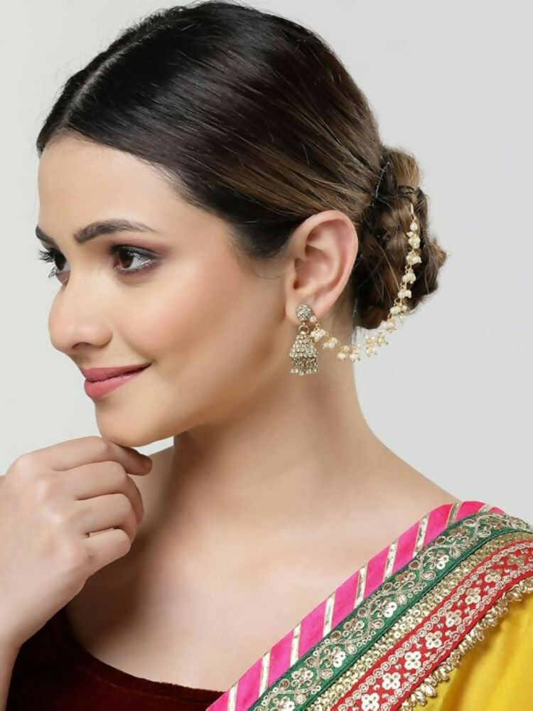 NVR Women Gold-Polished Pearls Studded Classic Layered Ear Chain Earrings | Grocsy