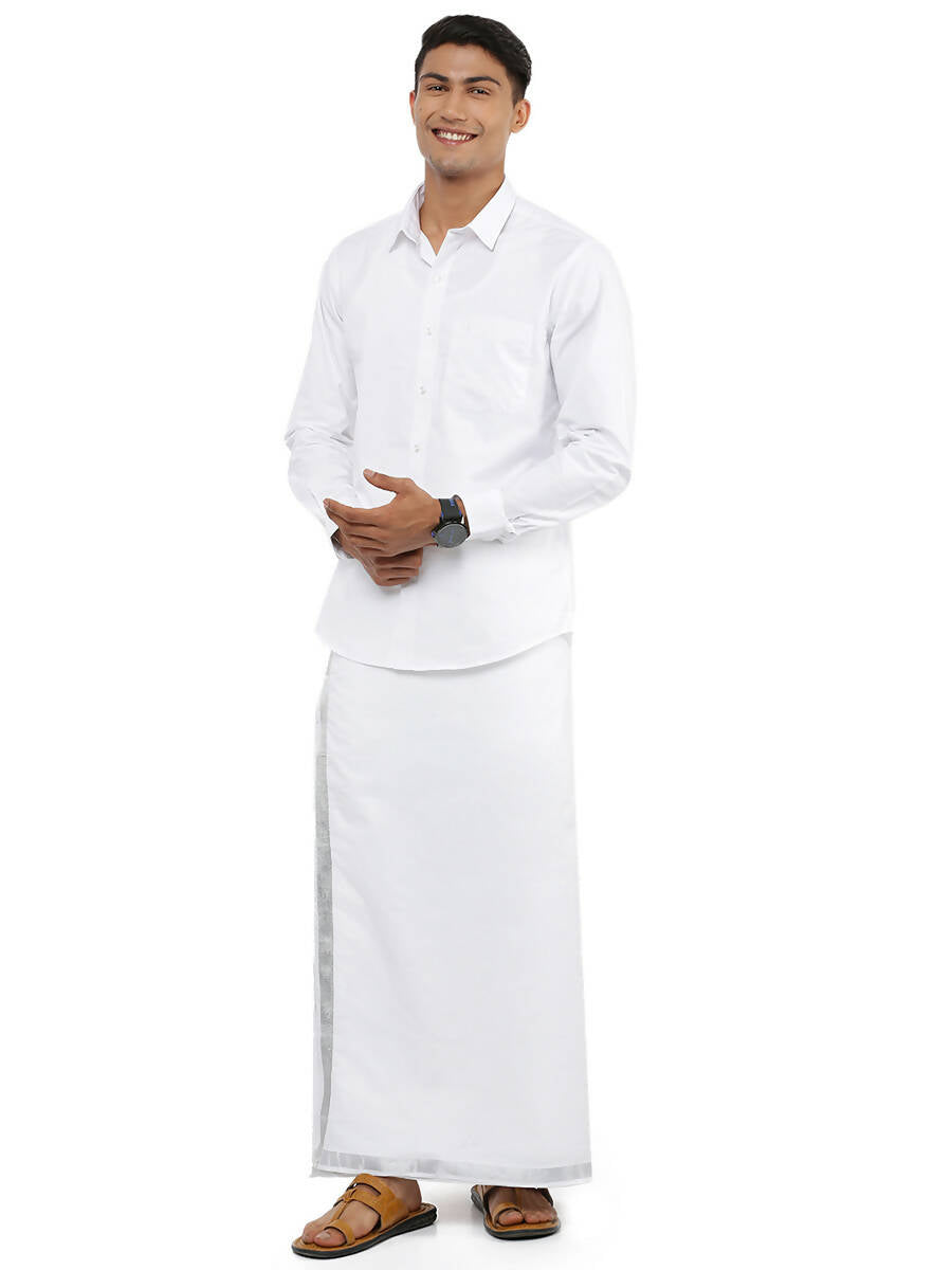 Ramraj Cotton Mens Pure Cotton 1" Silver Jari Dhoti - White | Grocsy