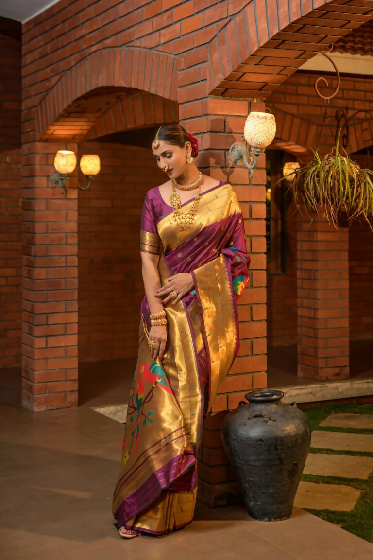 Jyoti Fashion Women's Wine Paithani Silk Zari Woven Saree with Blouse | Grocsy