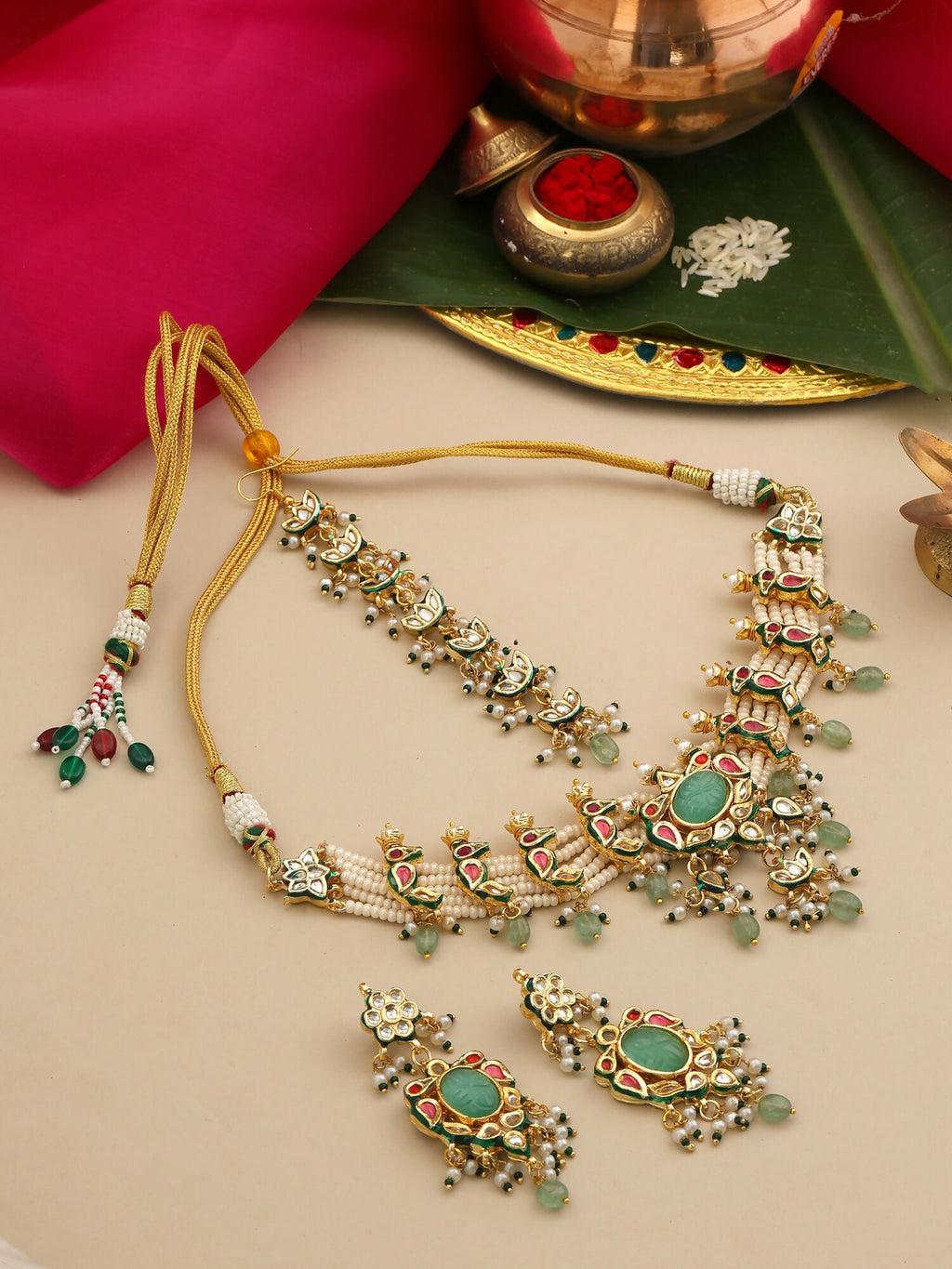 Ruby Raang Rajkumari Necklace With Earrings And Maang Tikka | Grocsy