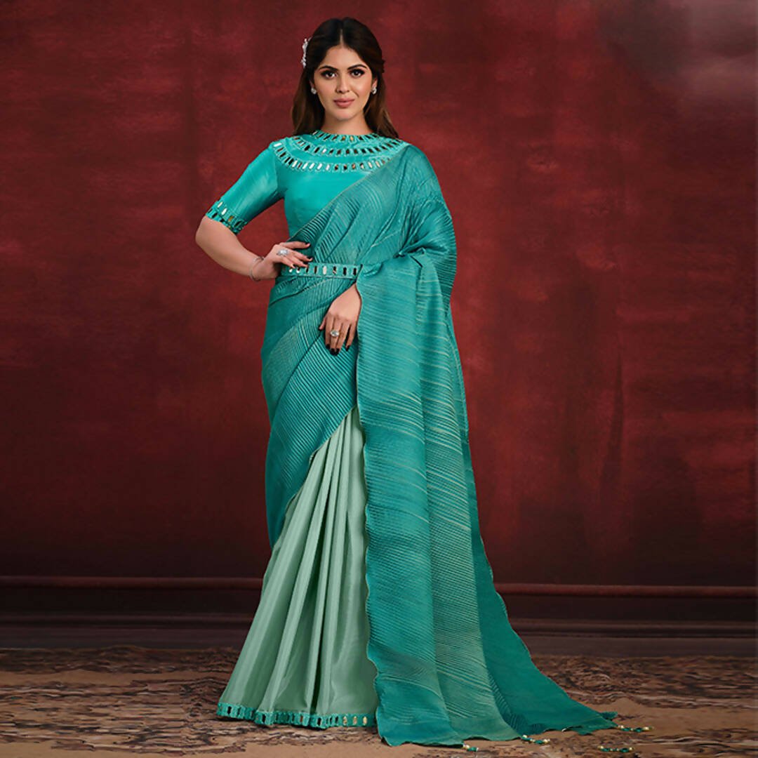 Aqua Blue Crepe Silk Georgette Mirror Thread Work/ Texture Pallu Saree - Mohmanthan Kimiya | Grocsy