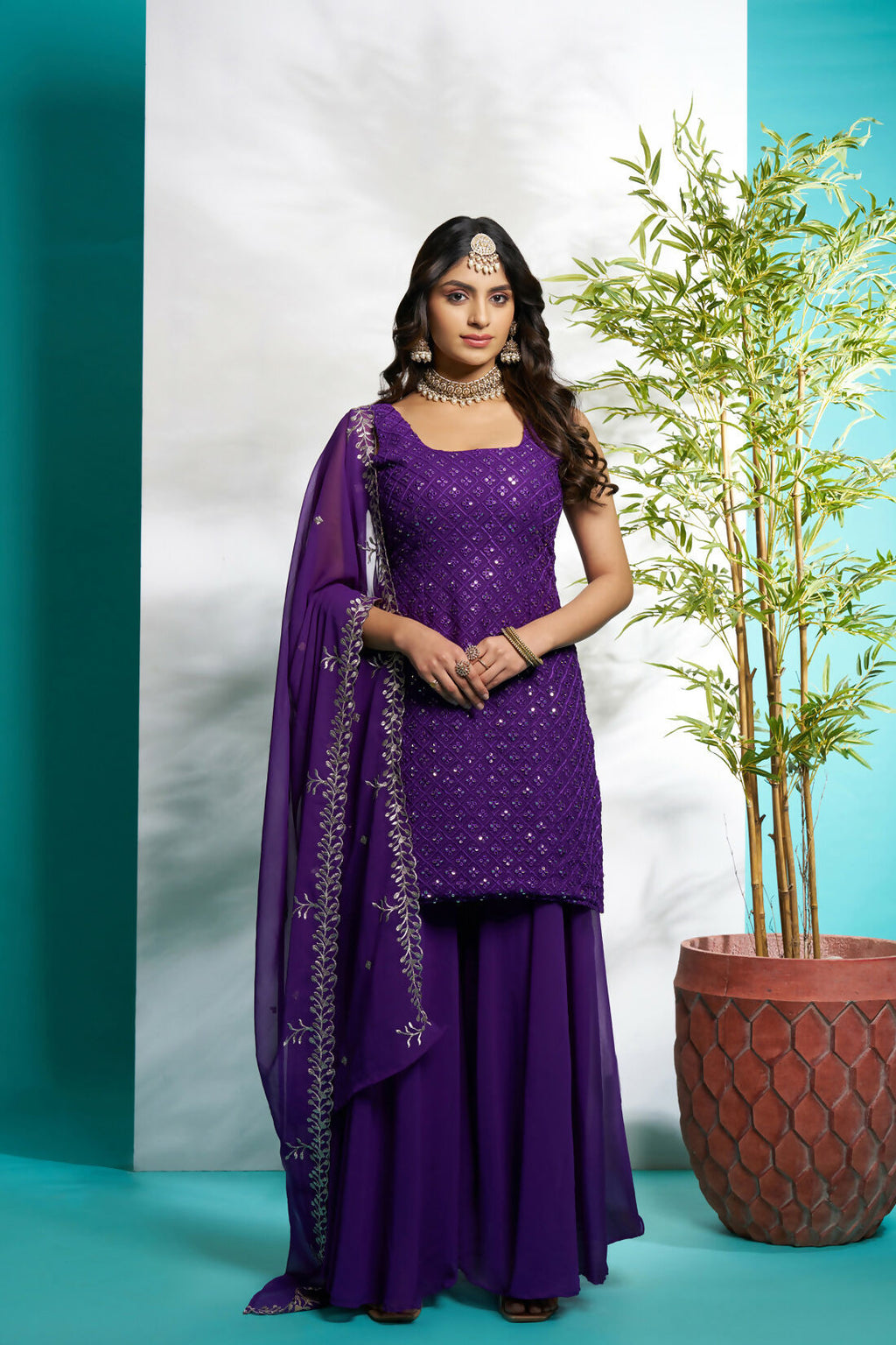 Aayaa Designer Faux Gorgette Embroidery Zari Sequins Thread work Full Flaired plazzo Suit with Dupatta - Purple | Grocsy