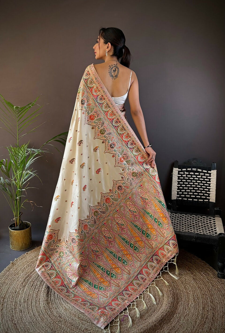 Joban Fashion White Meena Weaves Pashmina Sarees | Grocsy
