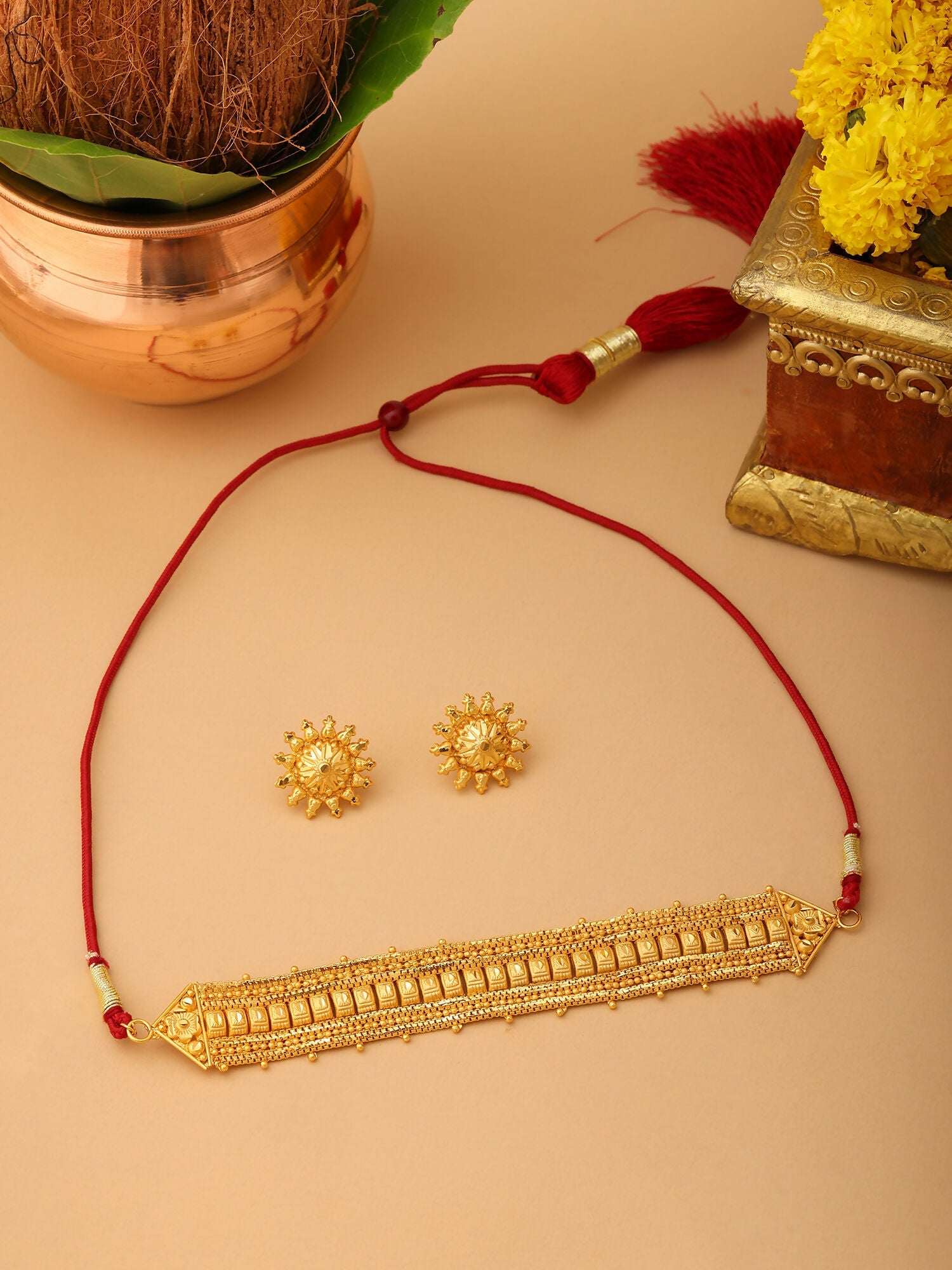 Ruby Raang Golden Choker with Round Studs | Grocsy
